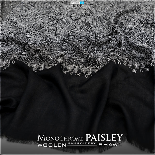 Monochrome Paisley Embroidery Woolen Shawl
