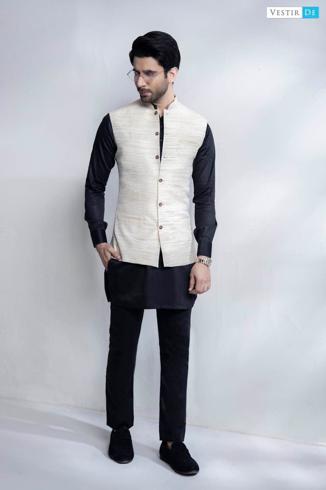 White kurta and deals black waistcoat