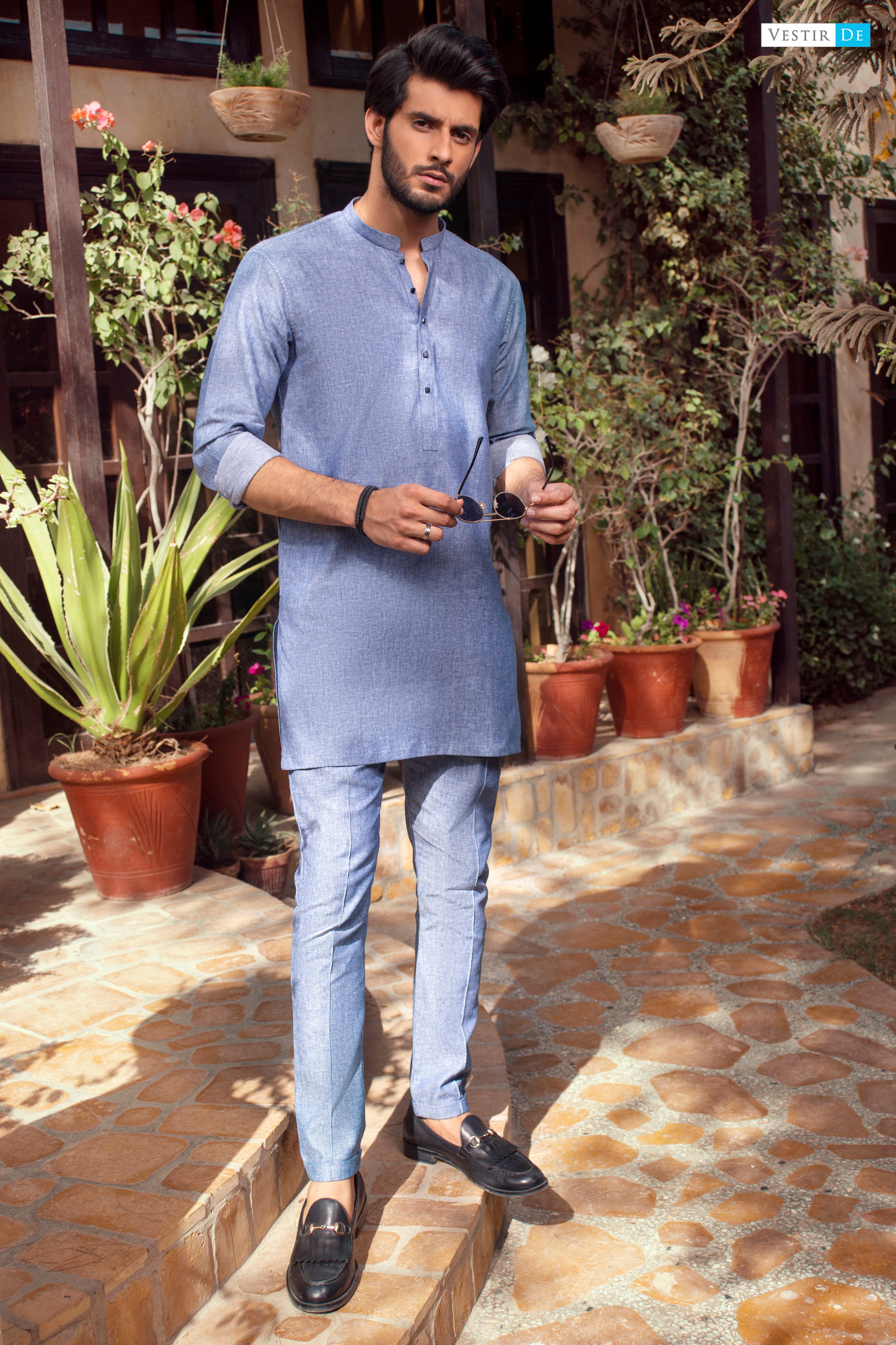 06 Denim Blue Kurta With Trouser - Main Image