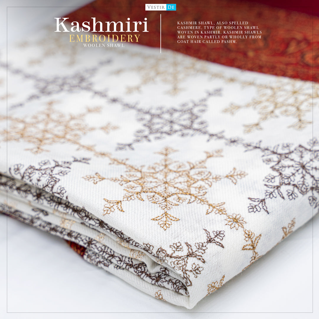 Kashmiri Woolen shawl with Embroidery | Elegant Winter Wrap | Traditional Ethnic Wear for Women - OffWhite