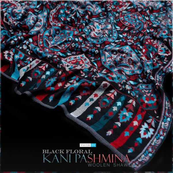 Black Floral Kani Pashmina Woolen Shawl