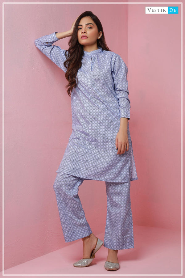 RTW Sky Blue With Black Abstract Printed Kurta With Trouser