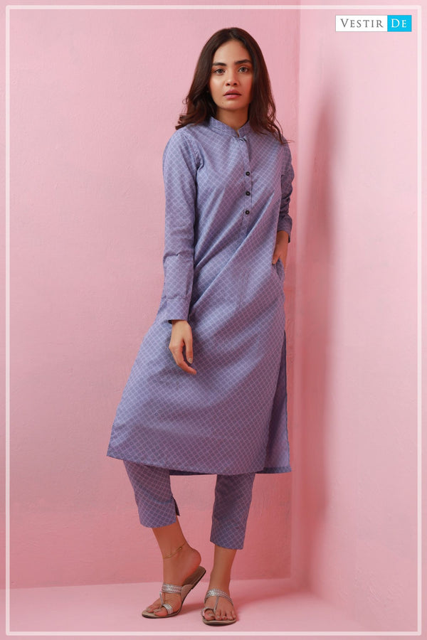 RTW Steel Blue With Grey Box Printed Kurta With Trouser