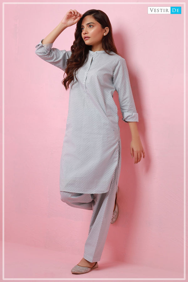 RTW White With Dark Green Printed Shalwar Kameez