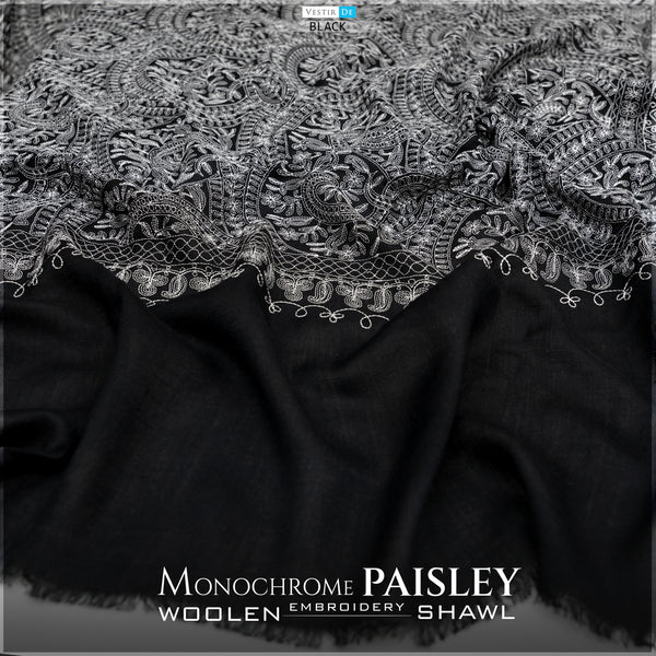 Buy Monochrome Paisley Embroidery Woolen Shawl | Vestir De