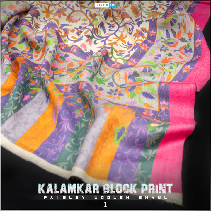 Kalamkar Block Print Paisley Woolen Shawl -24 | Vestir De