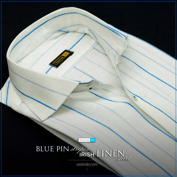 Men’s Blue Pin Stripes Irish Linen Dress Shirt– VESTIR DE