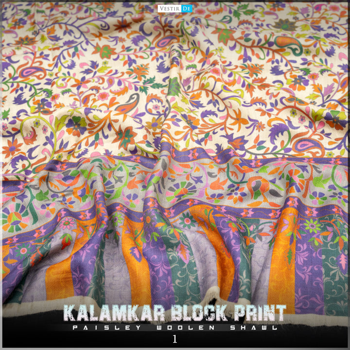 buy Kalamkar Block Print Paisley Woolen Shawl -24 