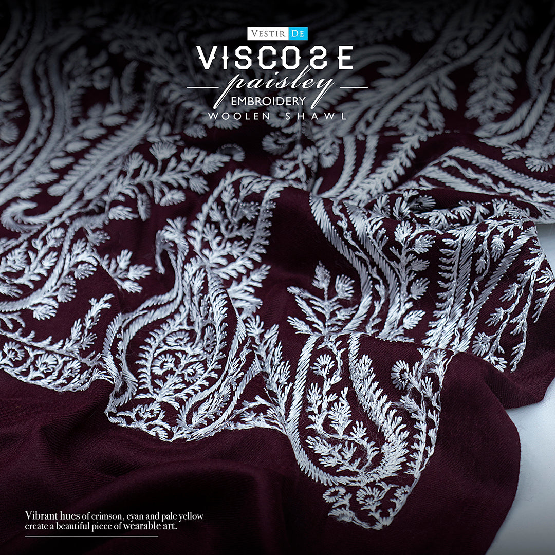 Viscose Paisley Embroidery Woolen Shawl