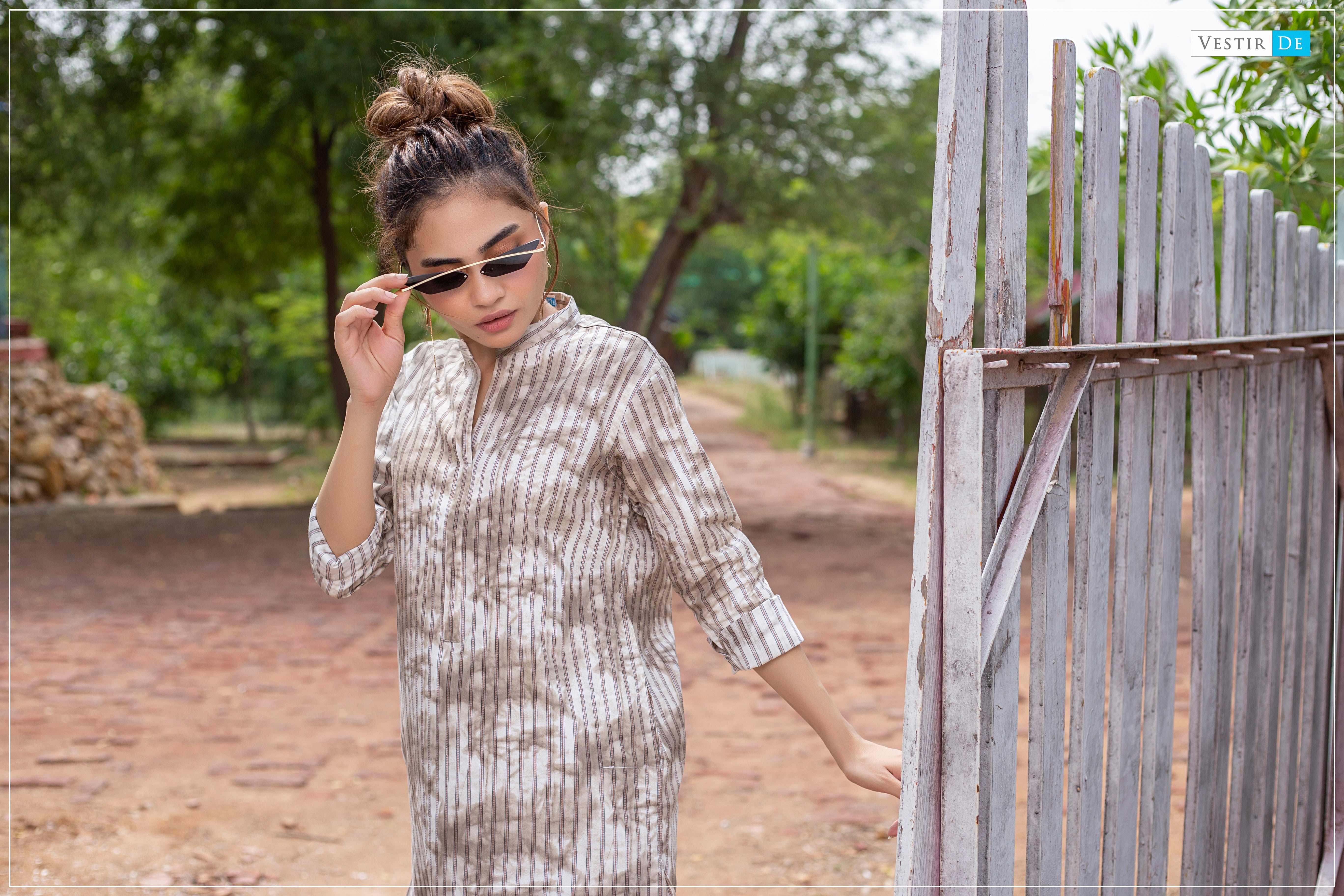 White & Beige Printed Tie N Dye Kurti Trouser