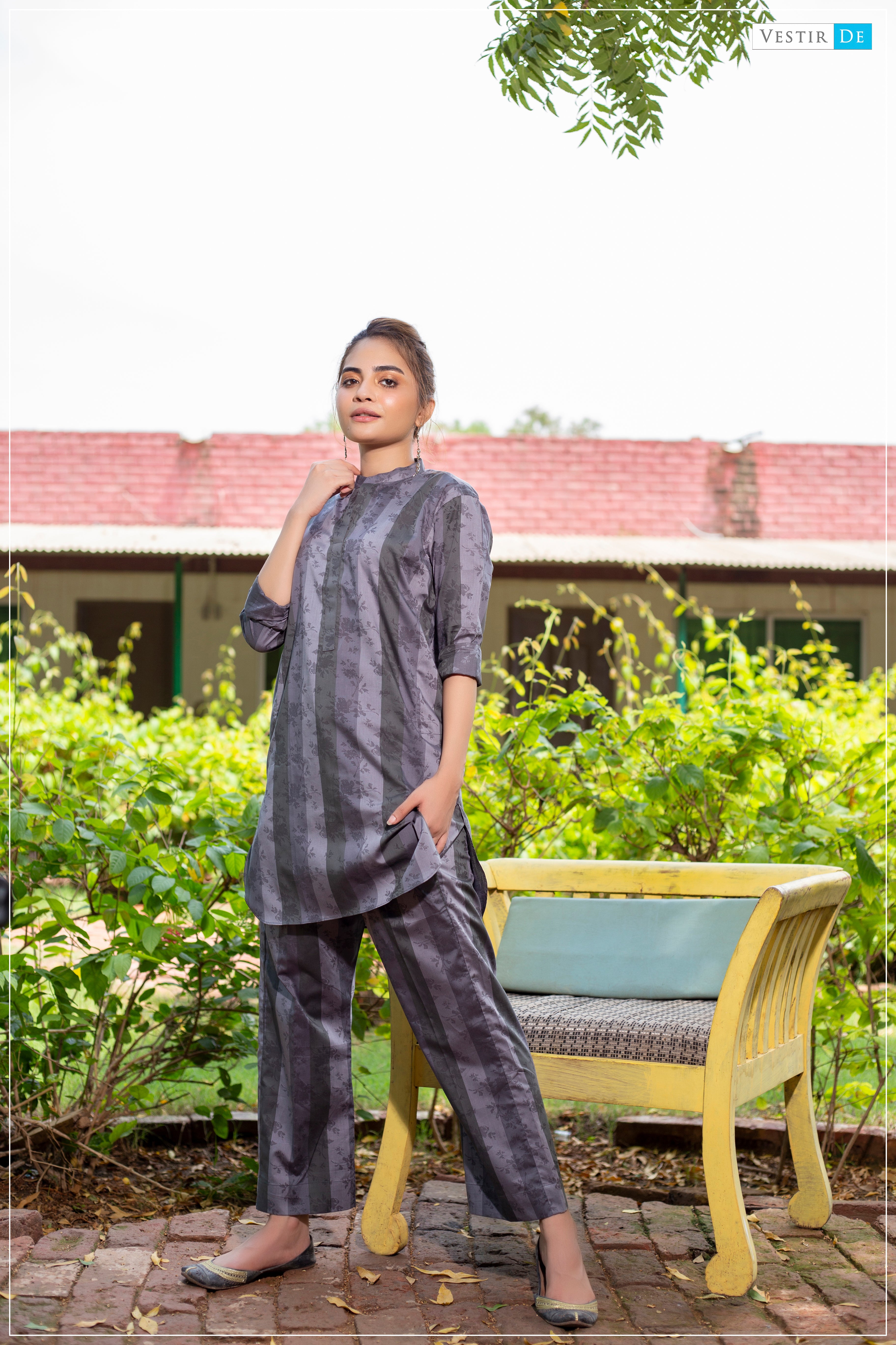 Grey & Sliver Printed Kurti With Trouser