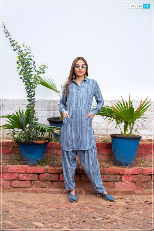 Blue & White Pattern Linen Shalwar Kameez