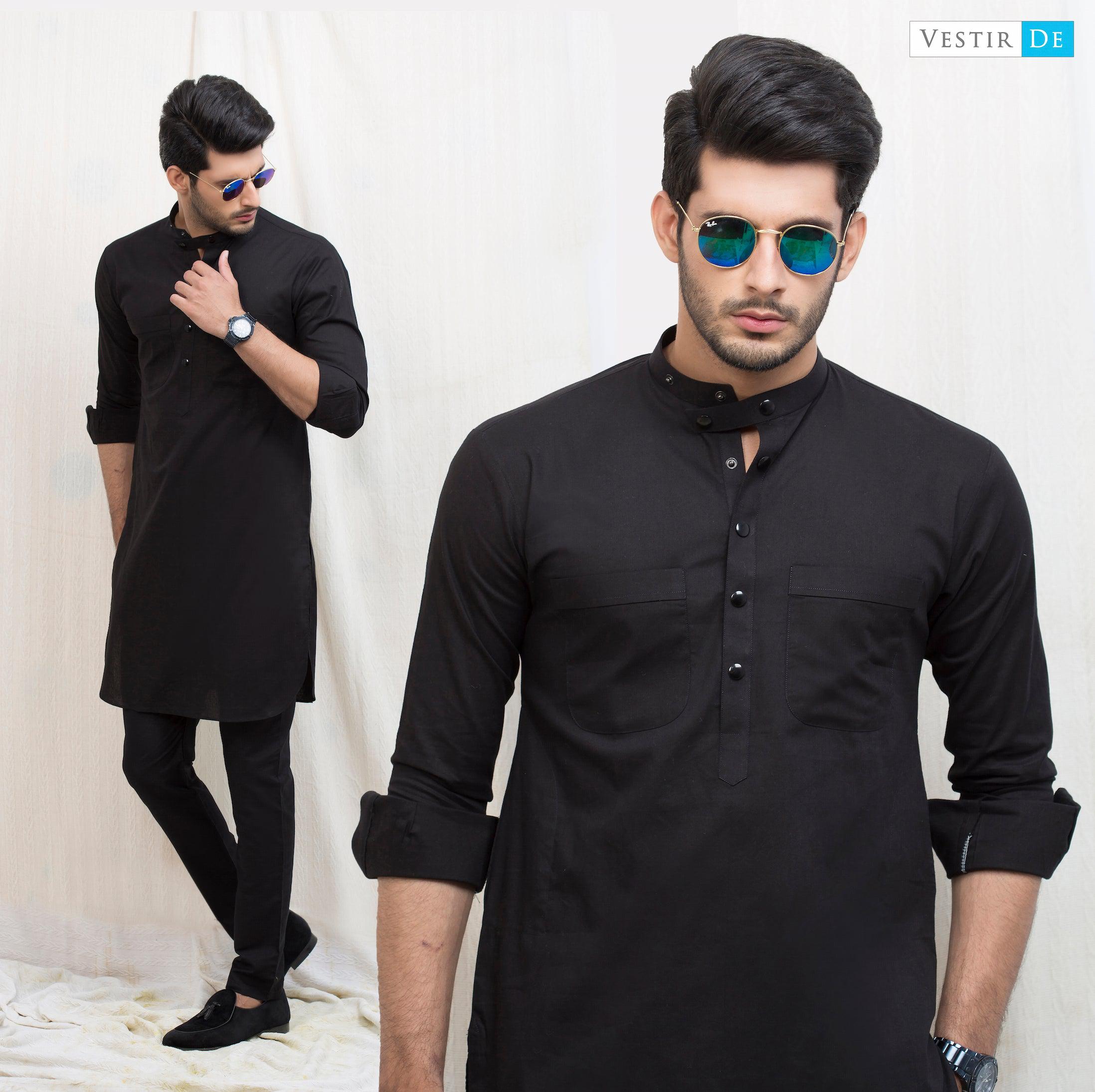 Black Plain Cotton Kurta - Vestir De