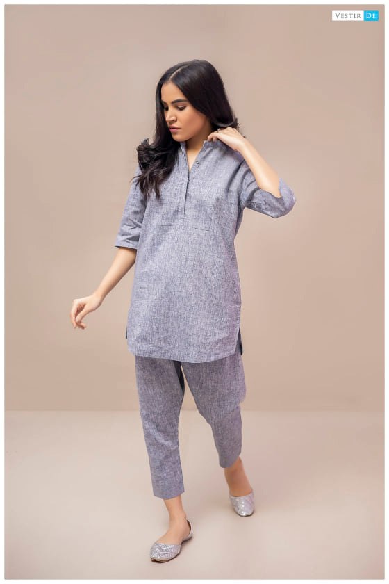 Denim Blue Chambray Cotton Kurti With Shalwar