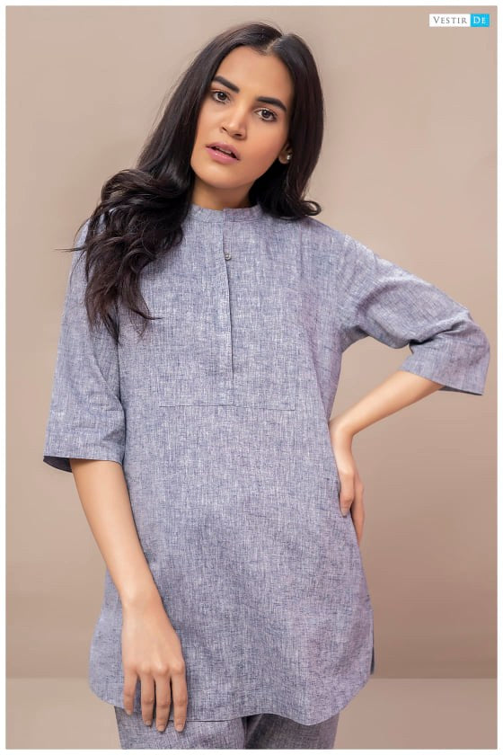 Denim Blue Chambray Cotton Kurti With Shalwar