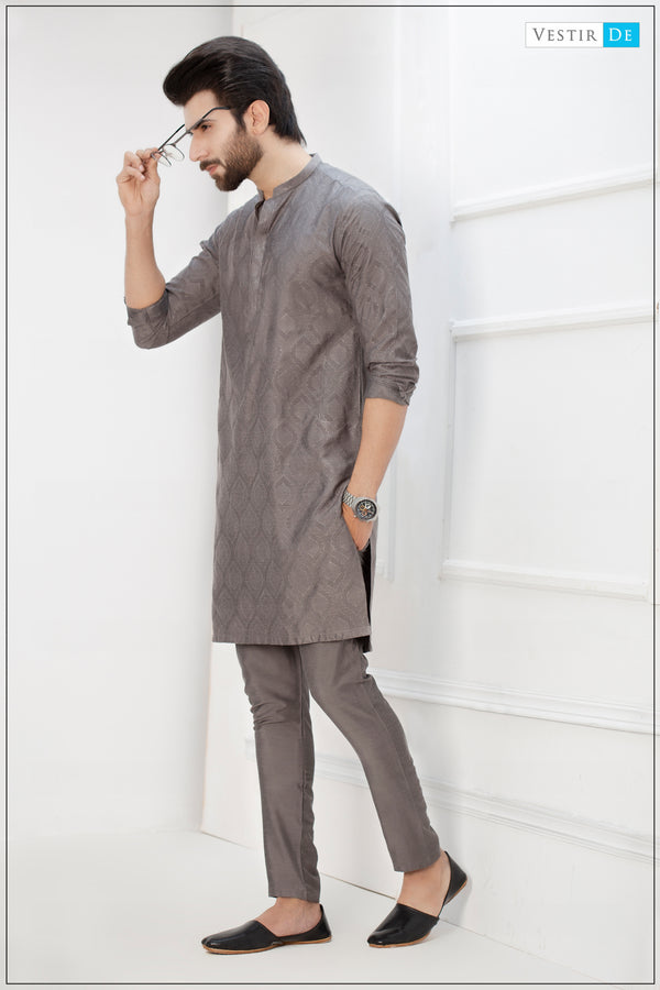 Grey Texture Motive Kurta With Trouser - Vestir De