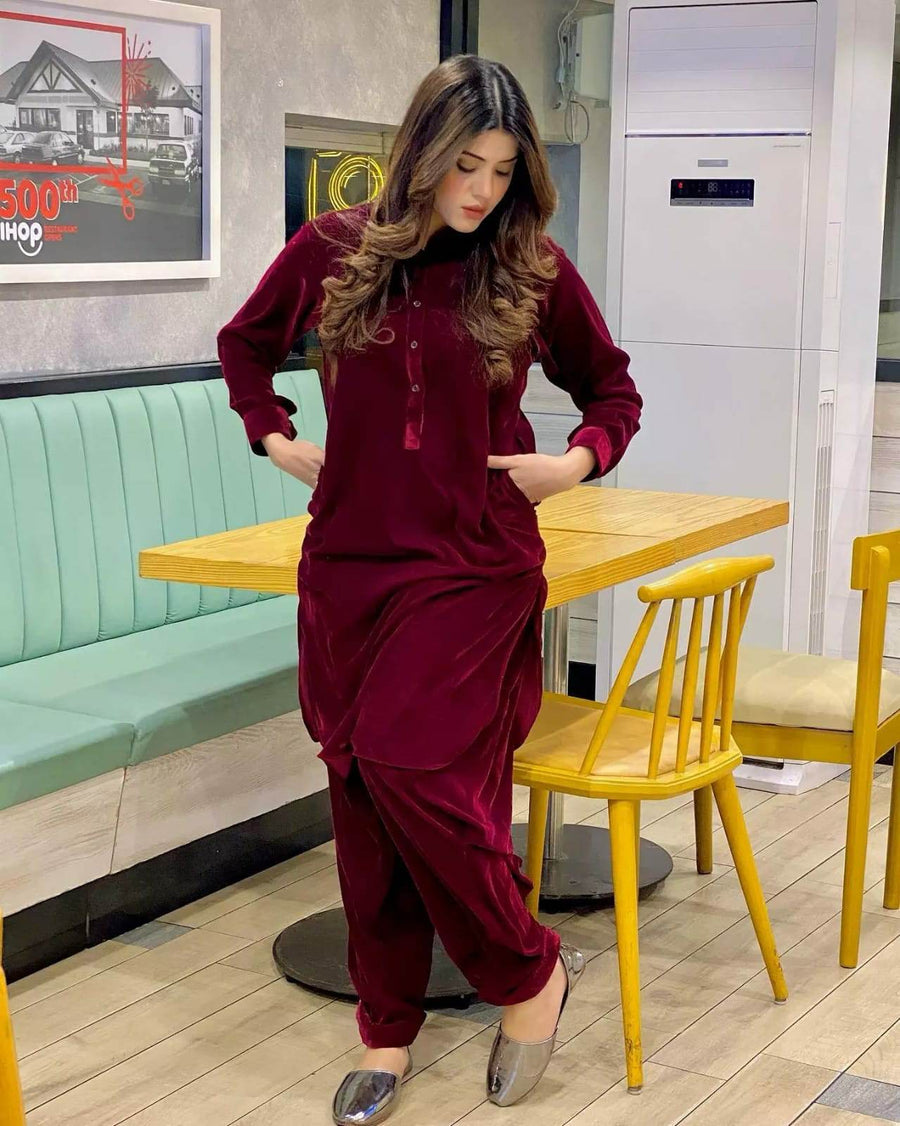Aimen Blood Red Velvet Shirt Collor Shalwar Kameez