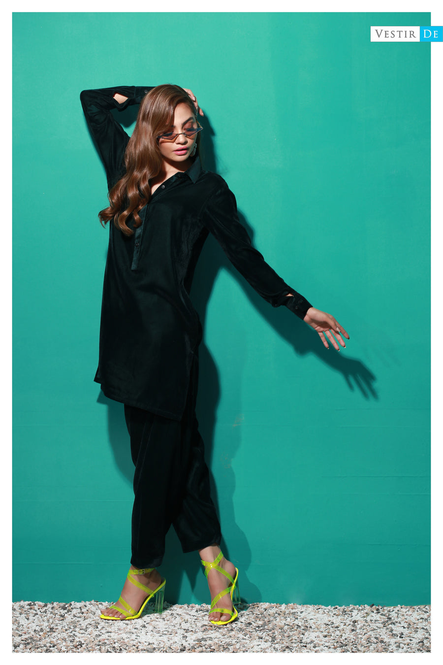 Midnight Green Velvet Shirt Collor Shalwar Kameez