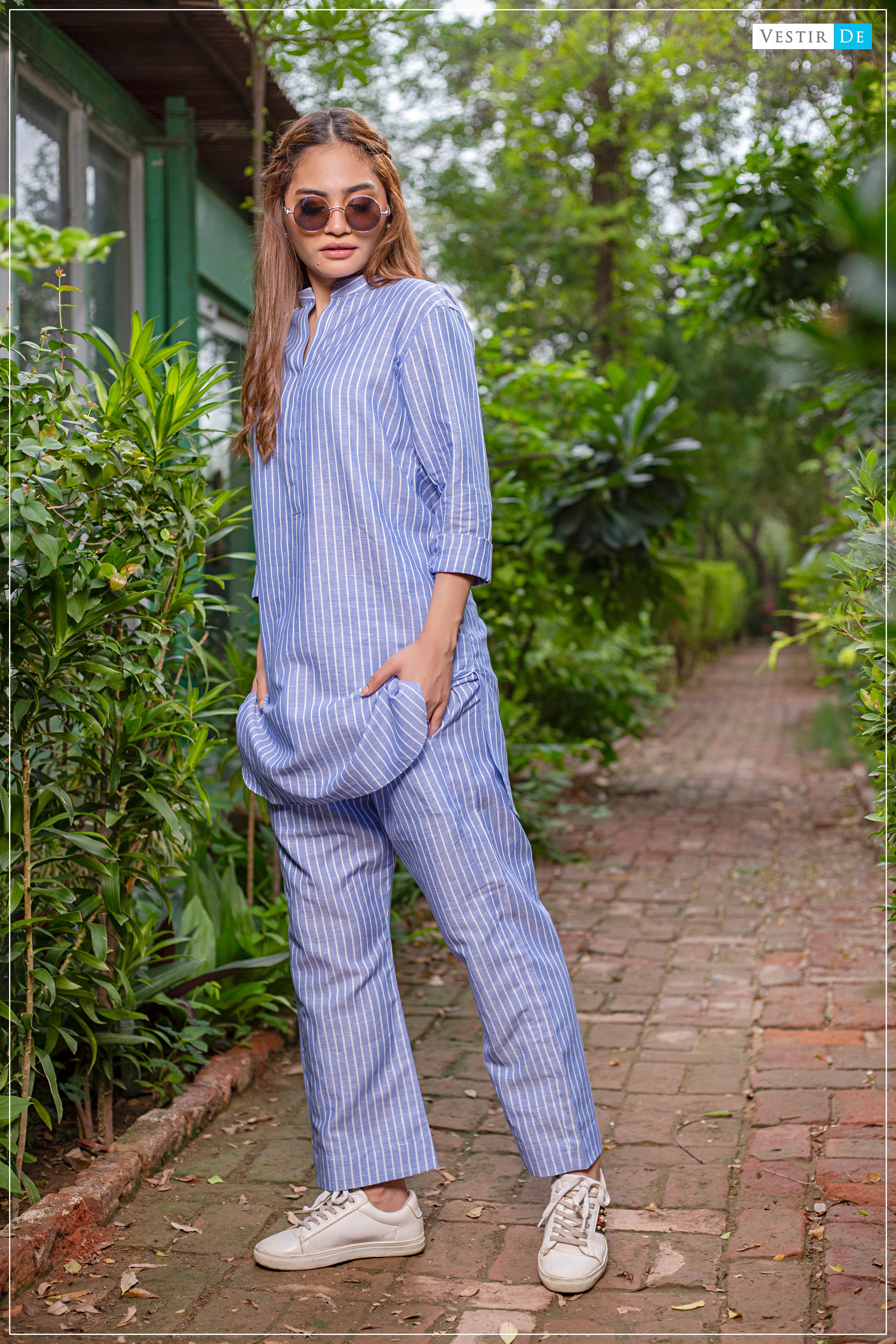 Blue & White Lining Kurti With Trouser