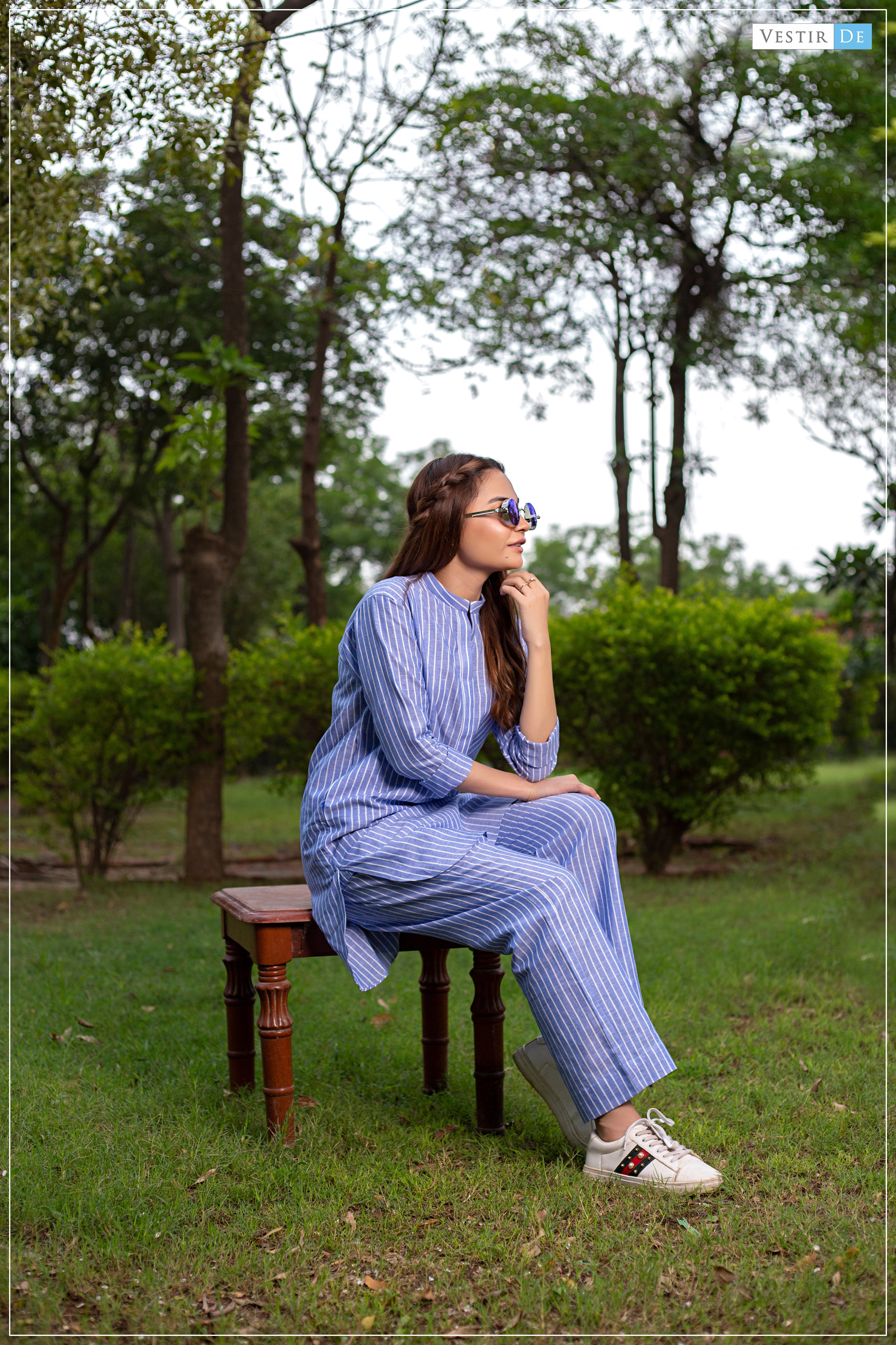 Blue & White Lining Kurti With Trouser