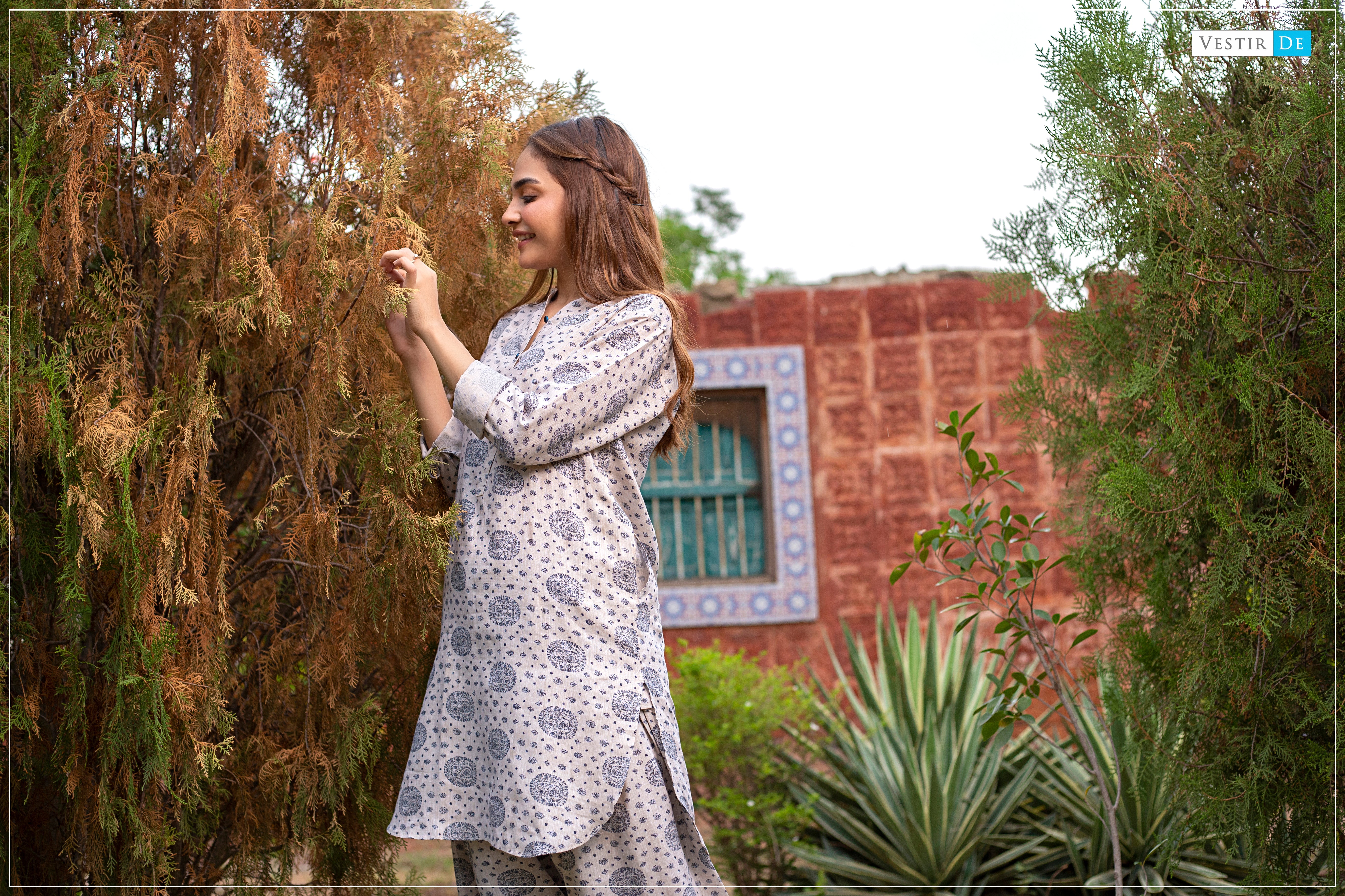 Beige Printed Linen Shalwar Kameez