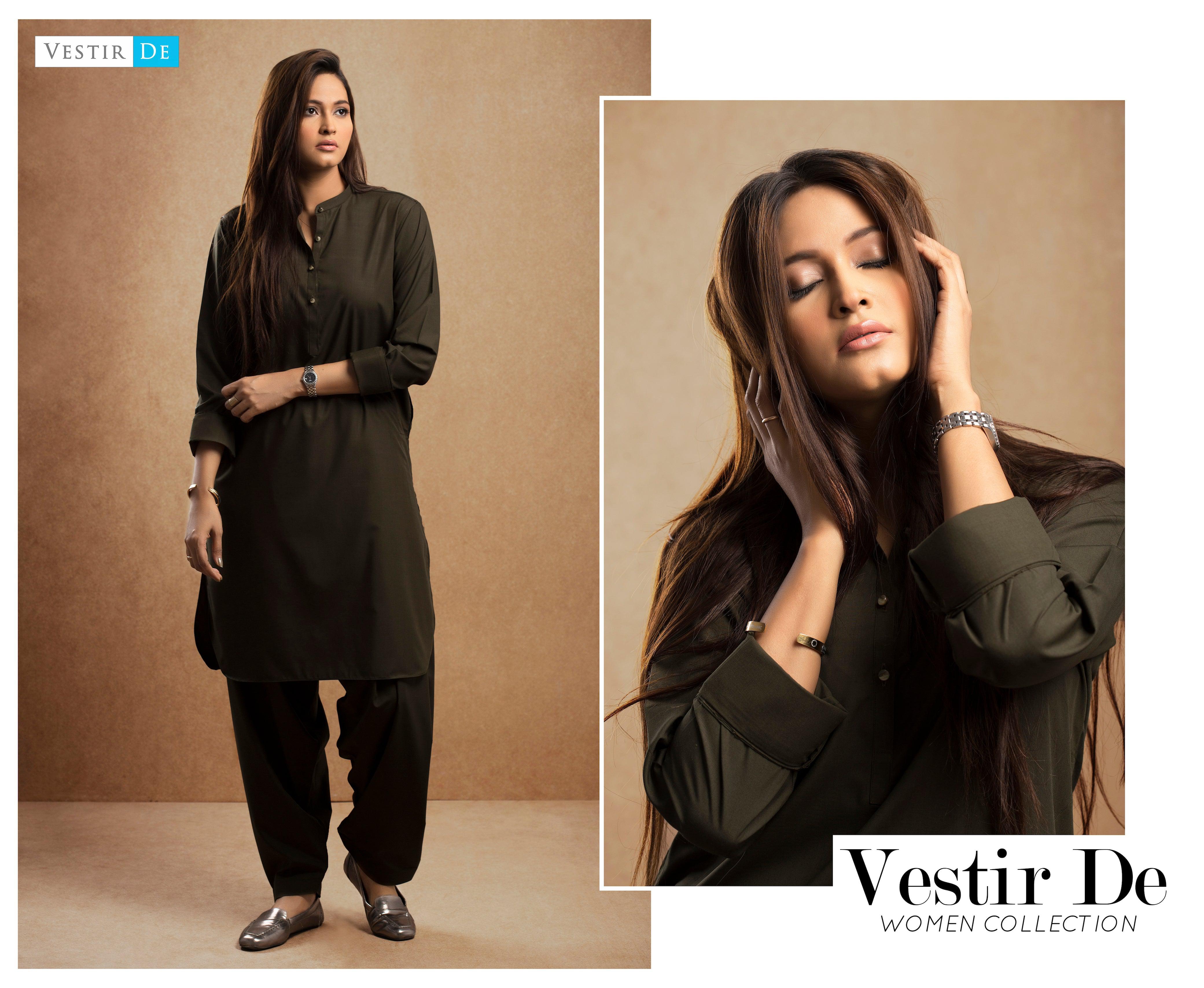 Olive Green Shalwar Kameez - Vestir De