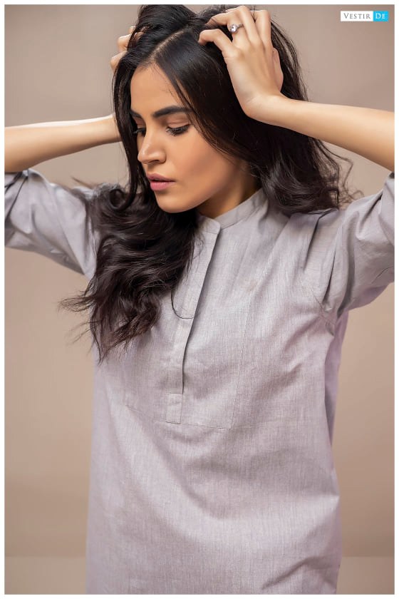 Grey Chambray Cotton Kurti With Shalwar