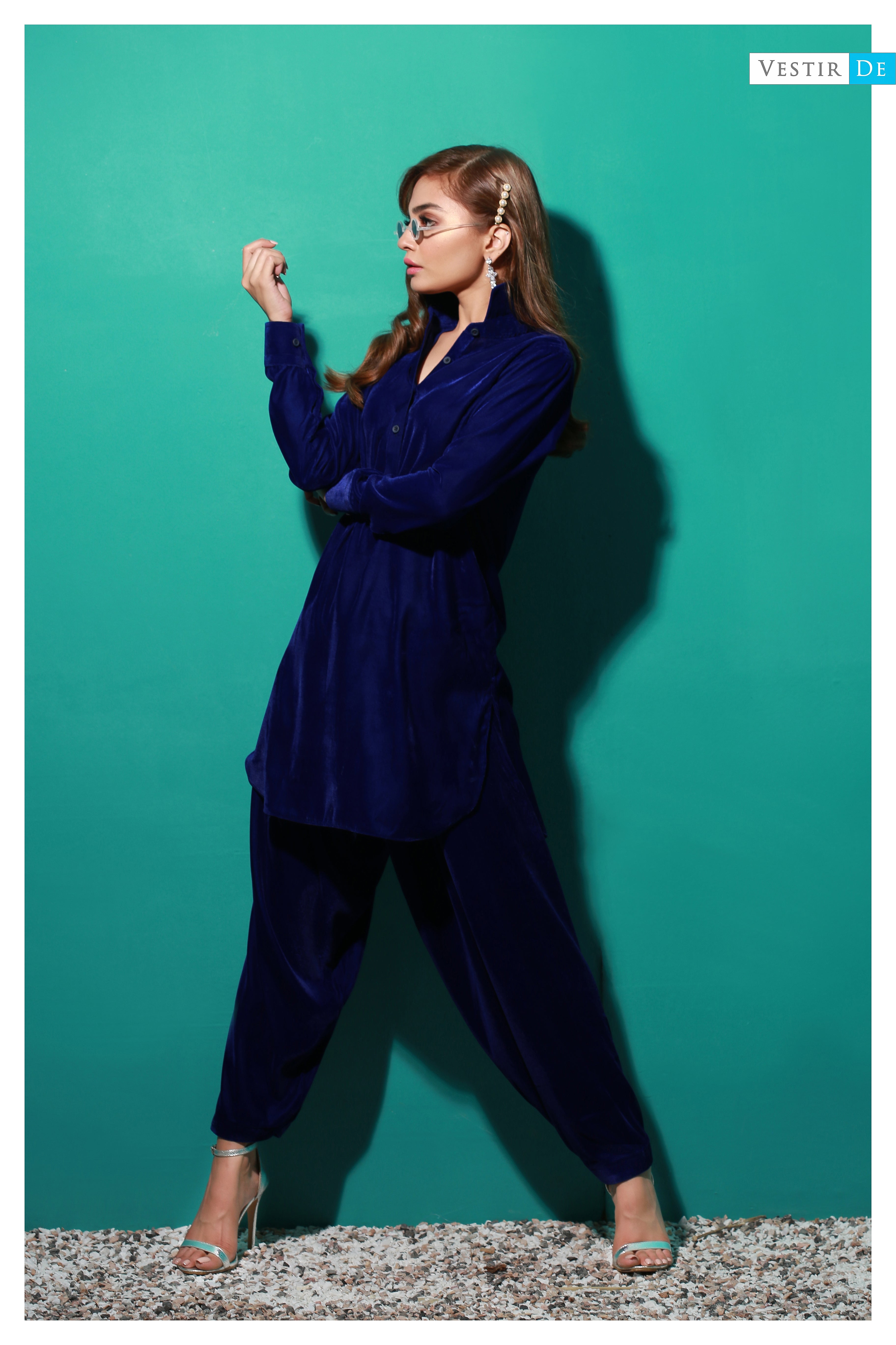 Royal Blue Velvet Shirt Collor Shalwar Kameez