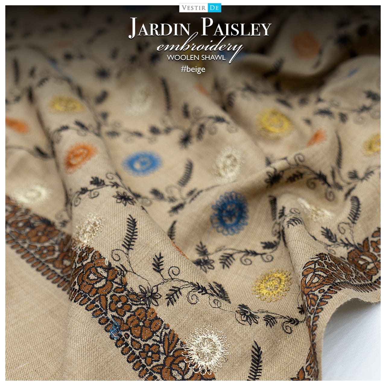 Beige Jardin Paisley Embroidery Woolen Shawl