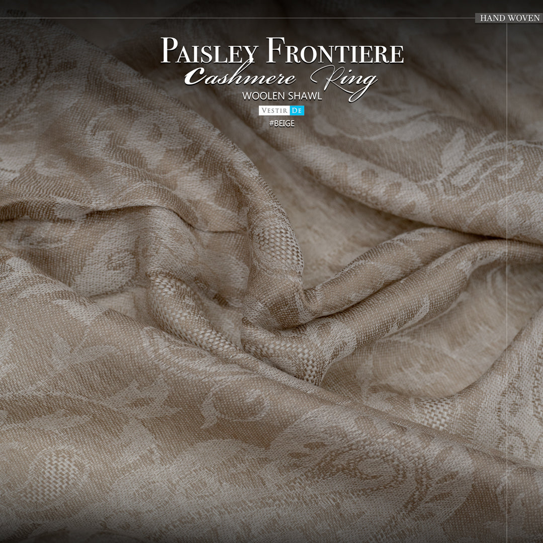 Paisley Frontiere Cashmere Ring Woolen Shawl Beige