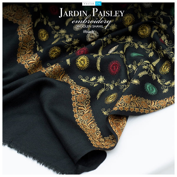 Black Jardin Paisley Embroidery Woolen Shawl