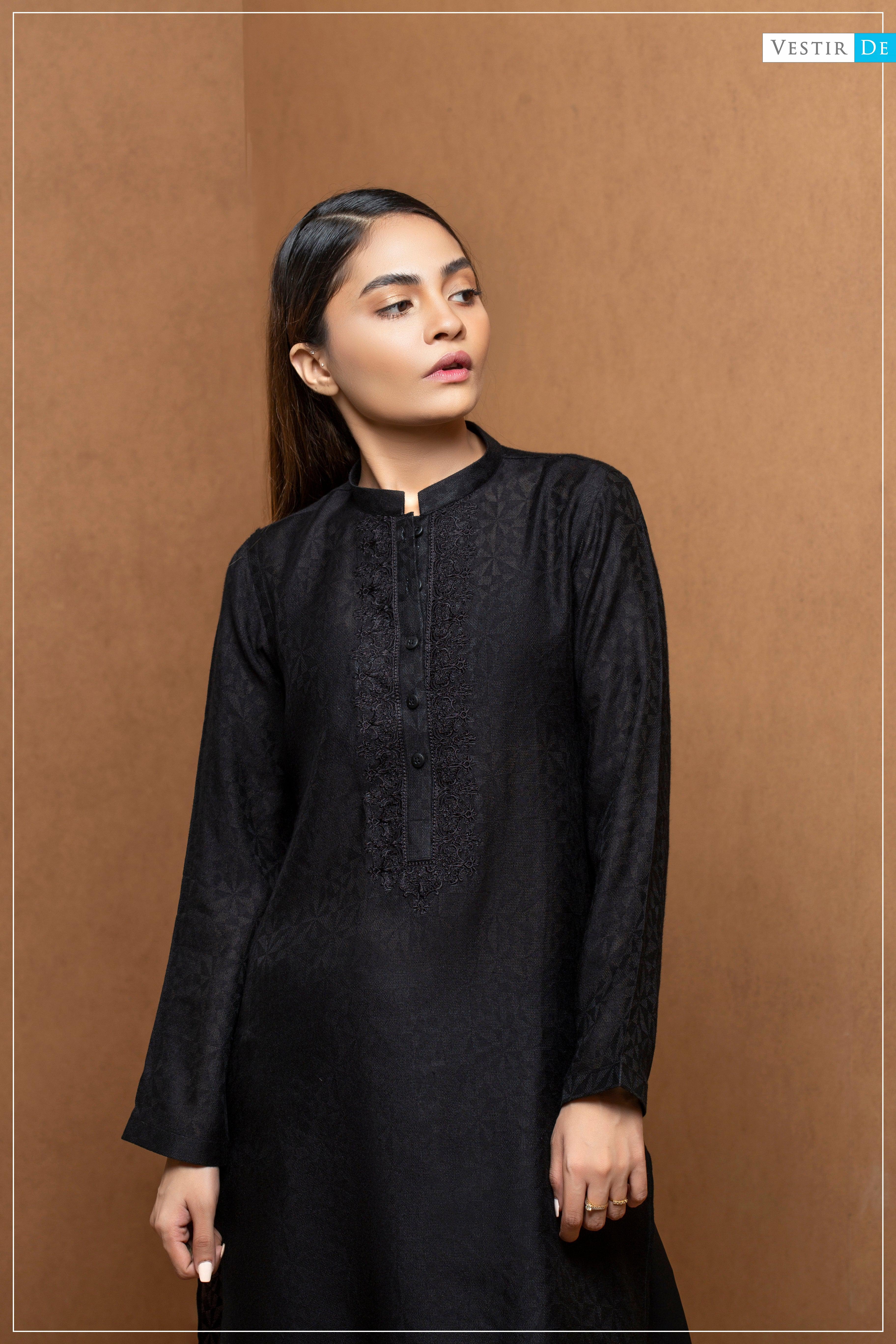 Black Embriodery Shirt With Shalwar - Vestir De