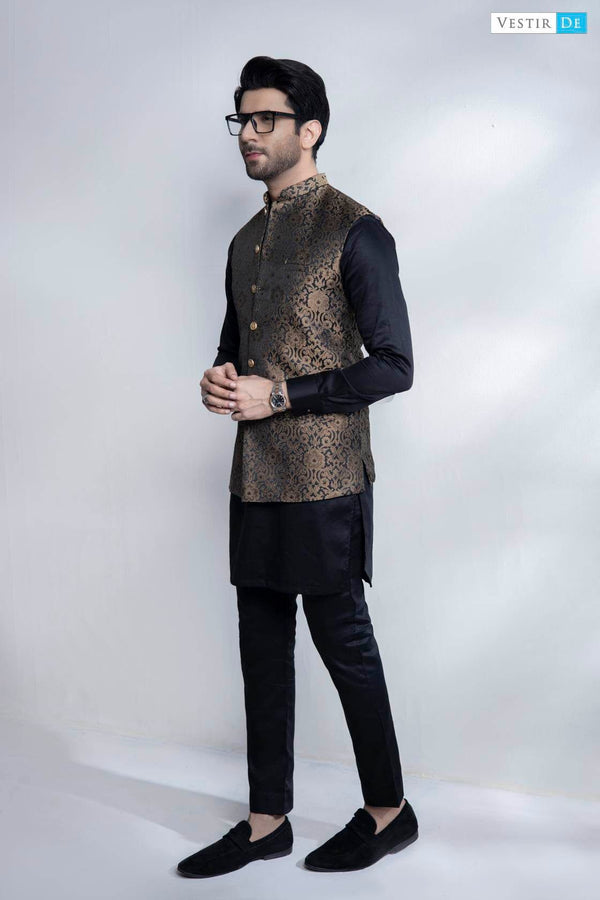 Black Kurta Trouser With Black And Gold Jamawar Waistcoat