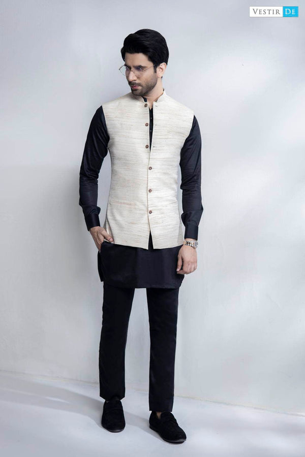 Black Kurta Trouser With Beige Textured Waistcoat