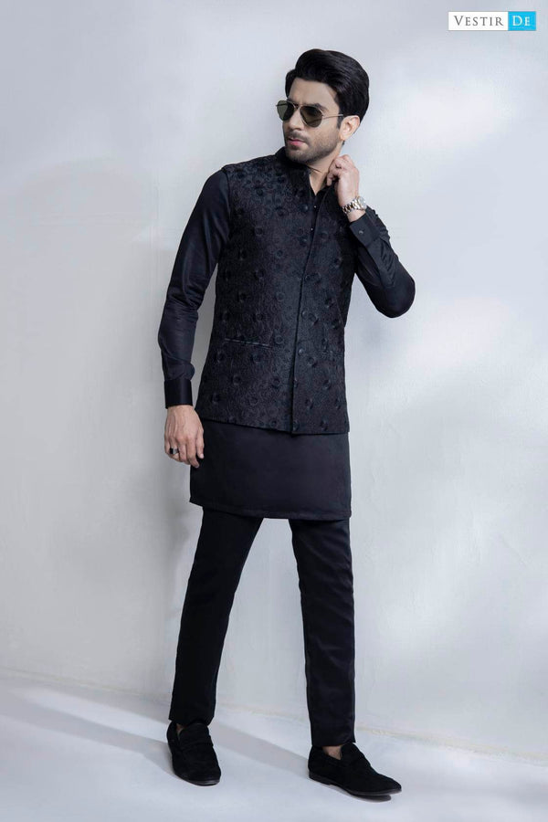 Black Kurta Trouser With Black Embriodery 2 Waistcoat