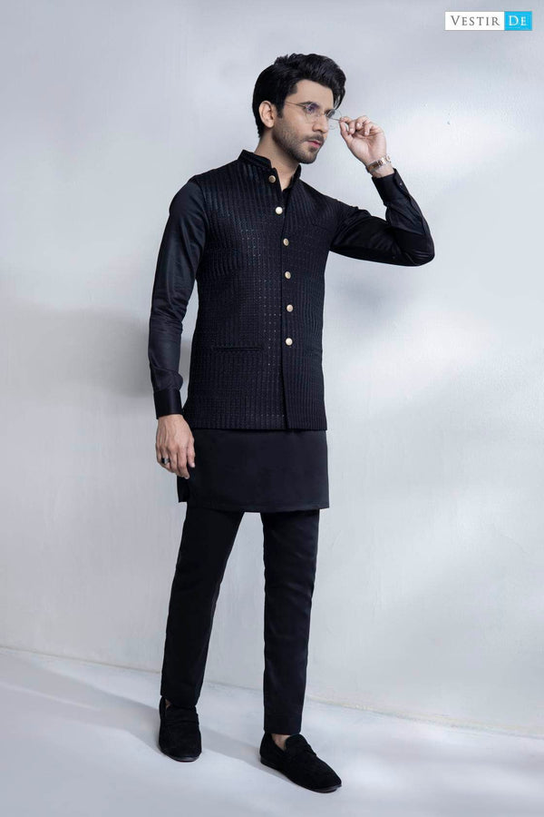 Black Kurta Trouser With Black Embriodery 3 Waistcoat