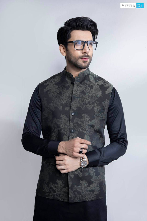 Black Kurta Trouser With Olive & Black Printed Waistcoat