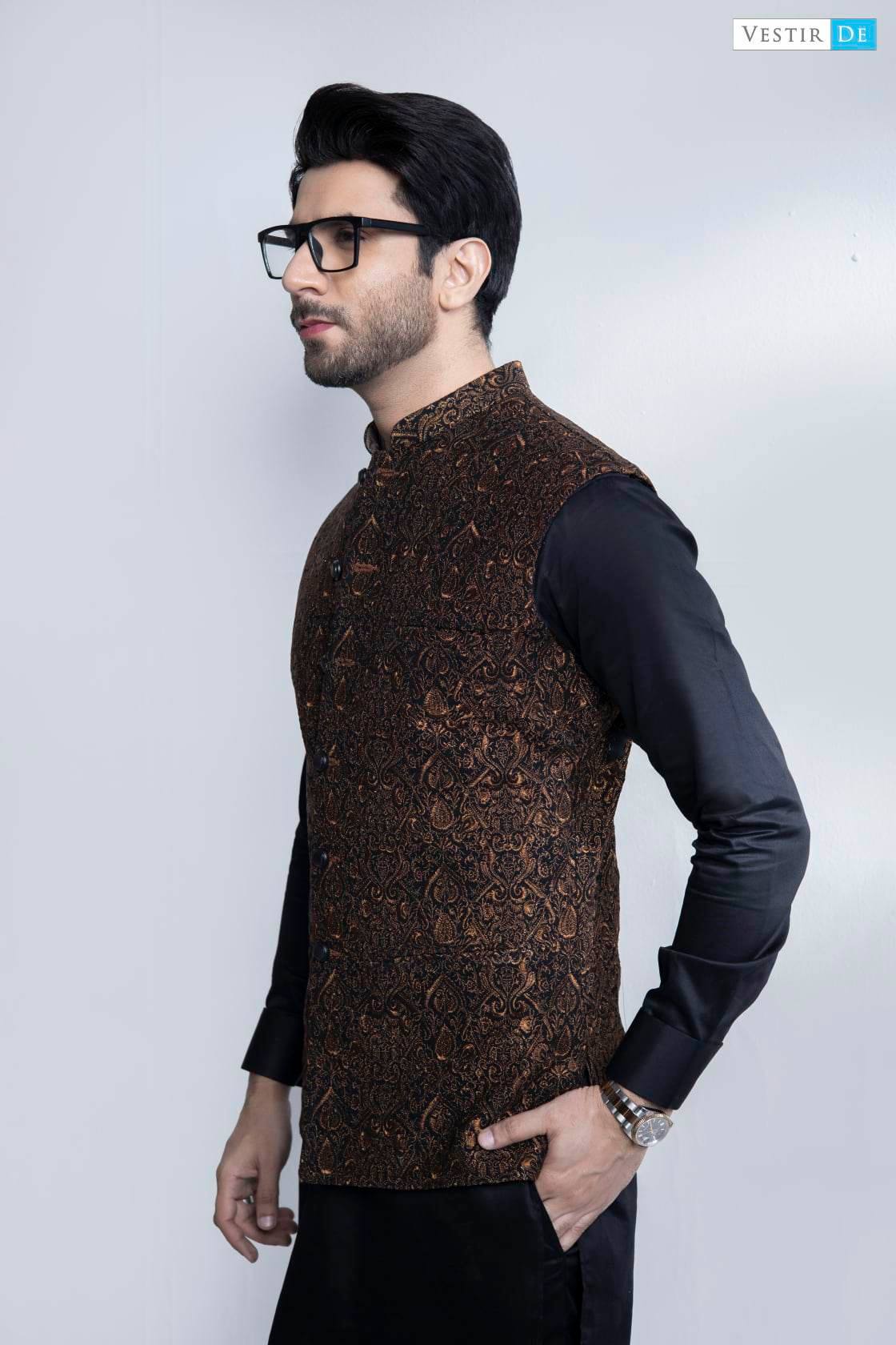 Black Kurta Trouser With Rust Embriodery Waistcoat
