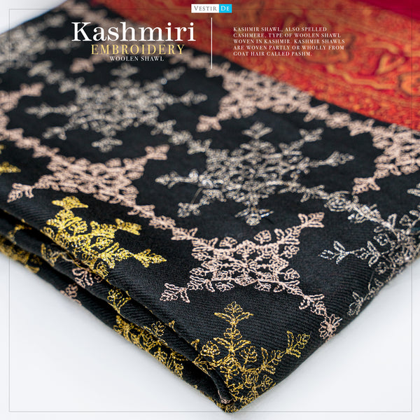 Black Kashmiri Embroidery Woolen Shawl 