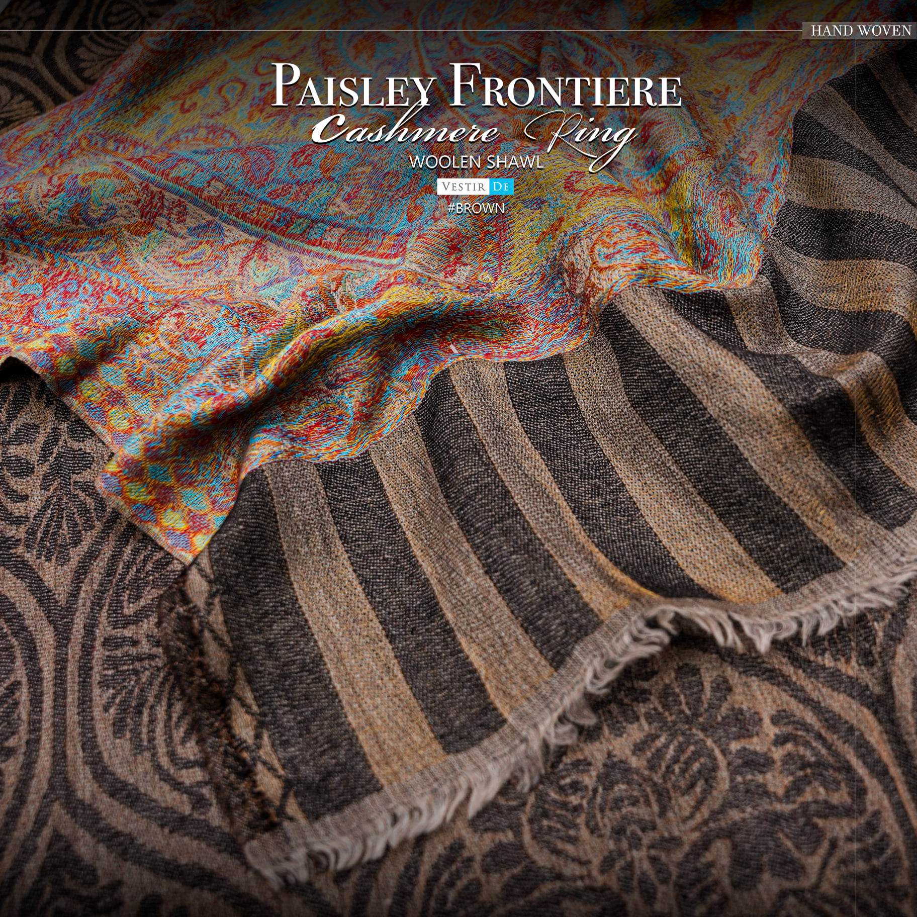 Paisley Frontiere Cashmere Ring Woolen Shawl Brown