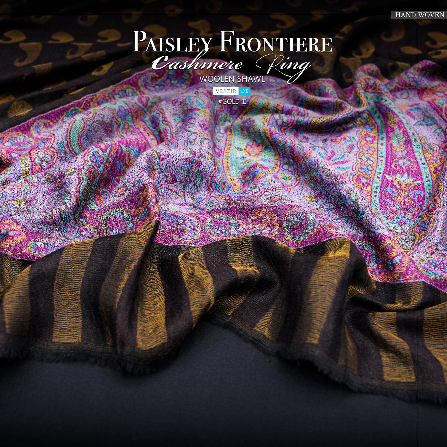 Paisley Frontiere Cashmere Ring Woolen Shawl Gold II