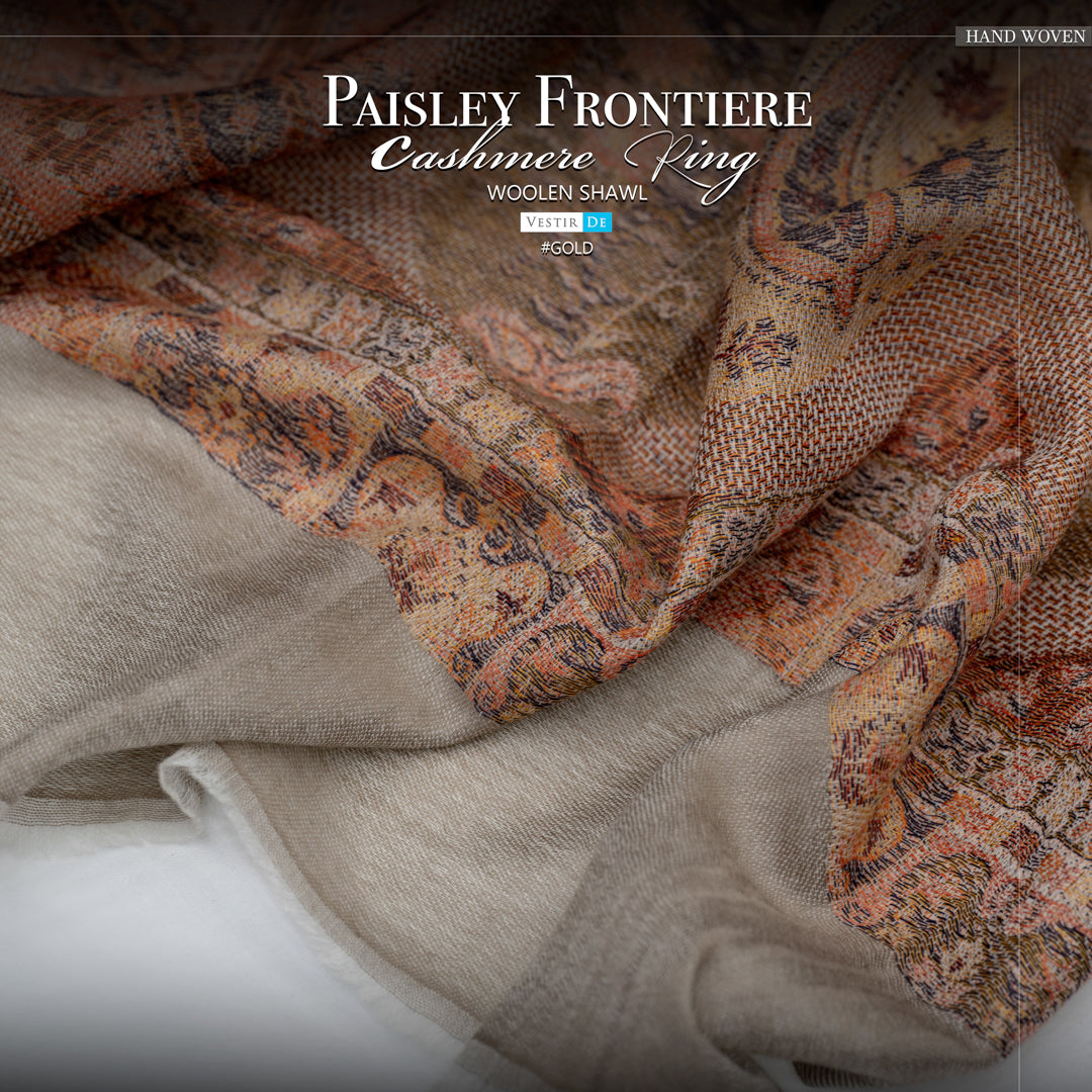 Paisley Frontiere Cashmere Ring Woolen Shawl Gold
