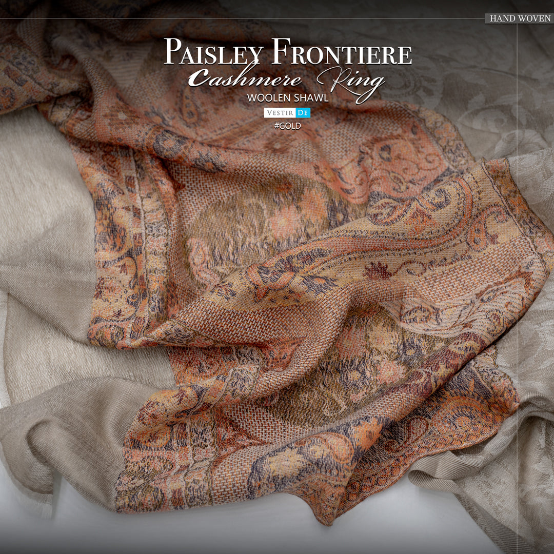 Paisley Frontiere Cashmere Ring Woolen Shawl Gold