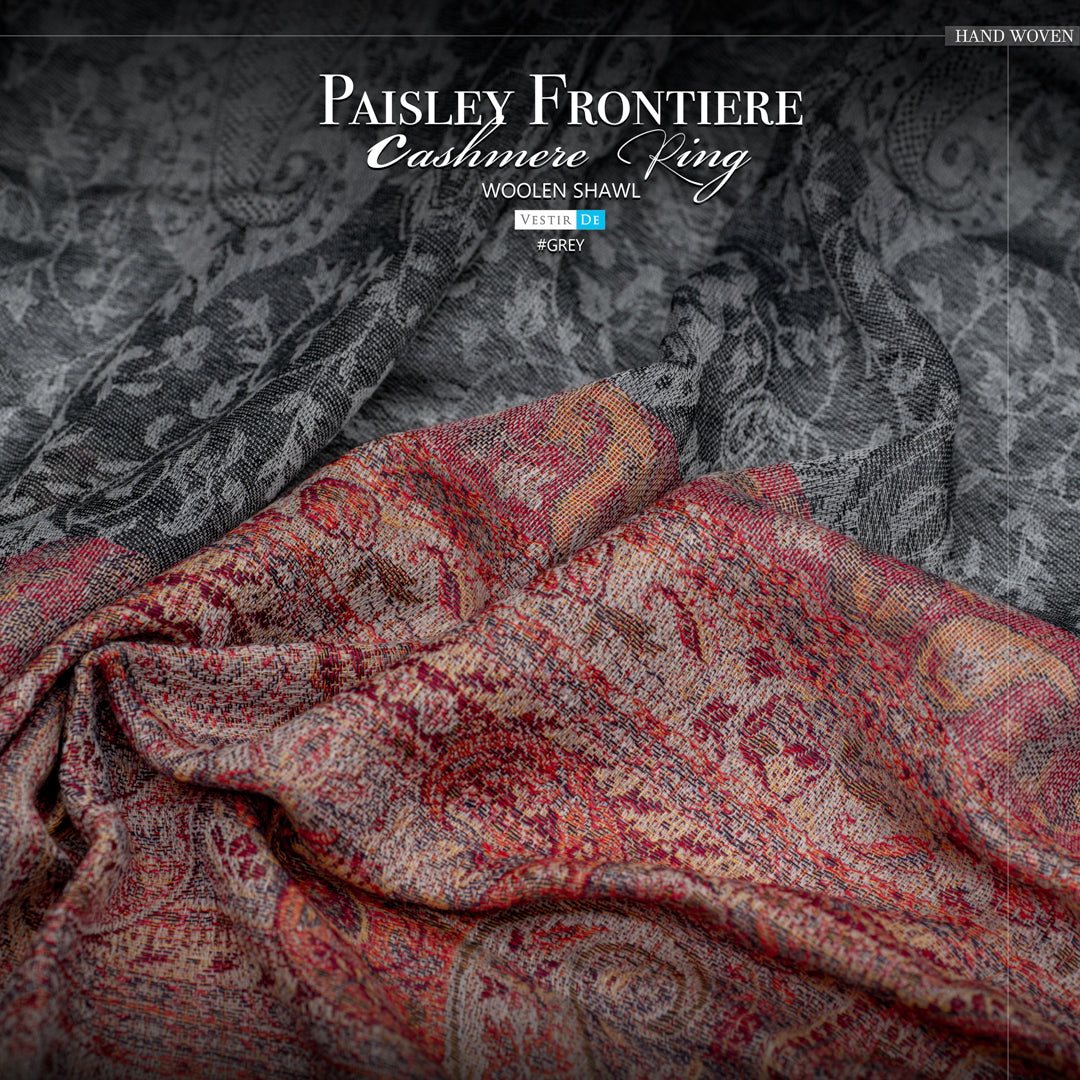 Paisley Frontiere Cashmere Ring Woolen Shawl Grey