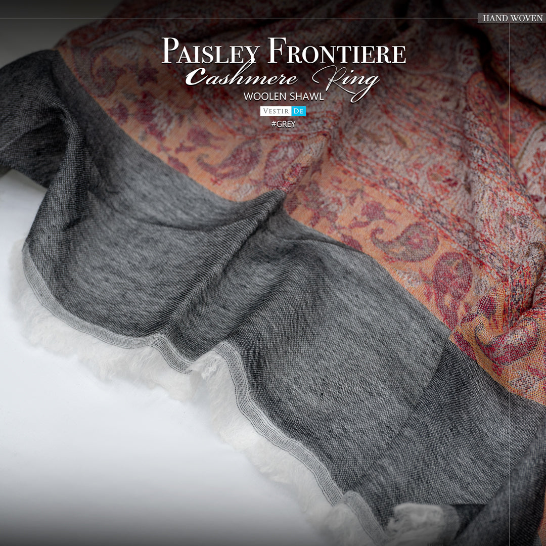 Paisley Frontiere Cashmere Ring Woolen Shawl Grey