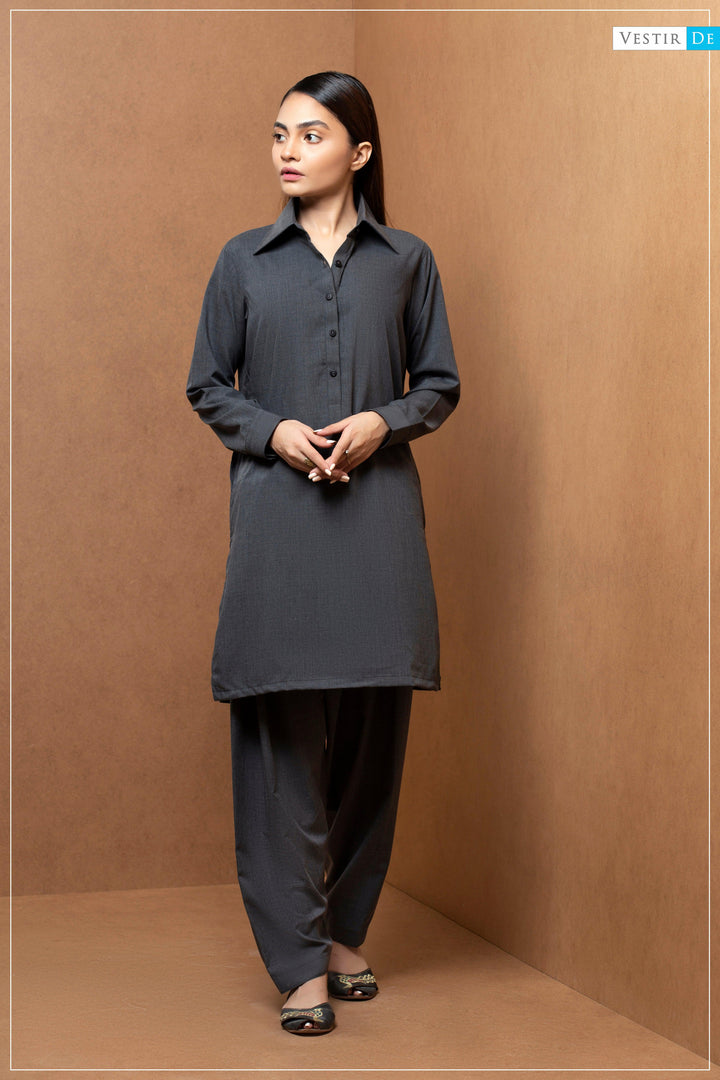 Charcoal Shirt Collor Shalwar Kameez - Vestir De