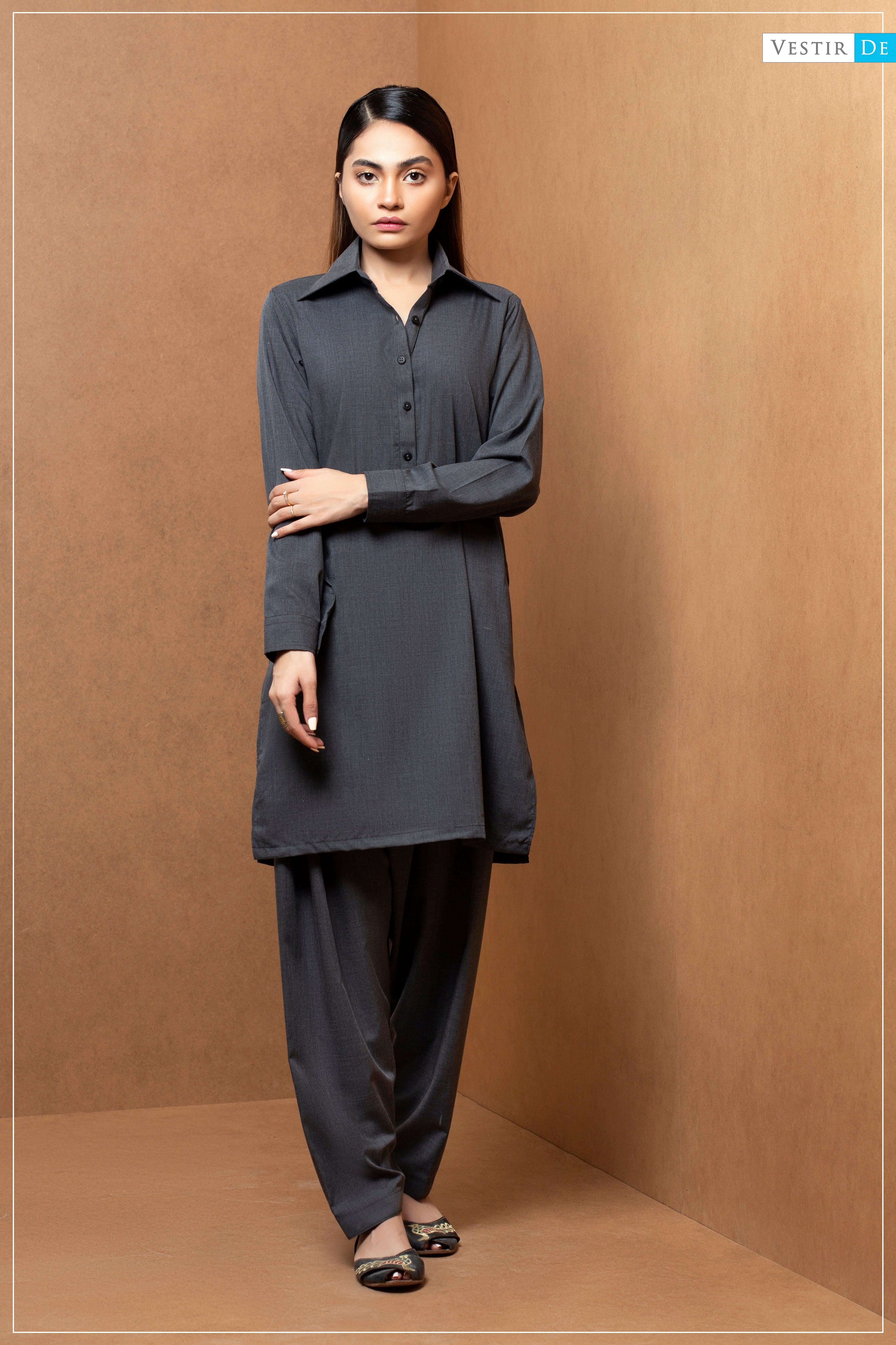Charcoal Shirt Collor Shalwar Kameez - Vestir De