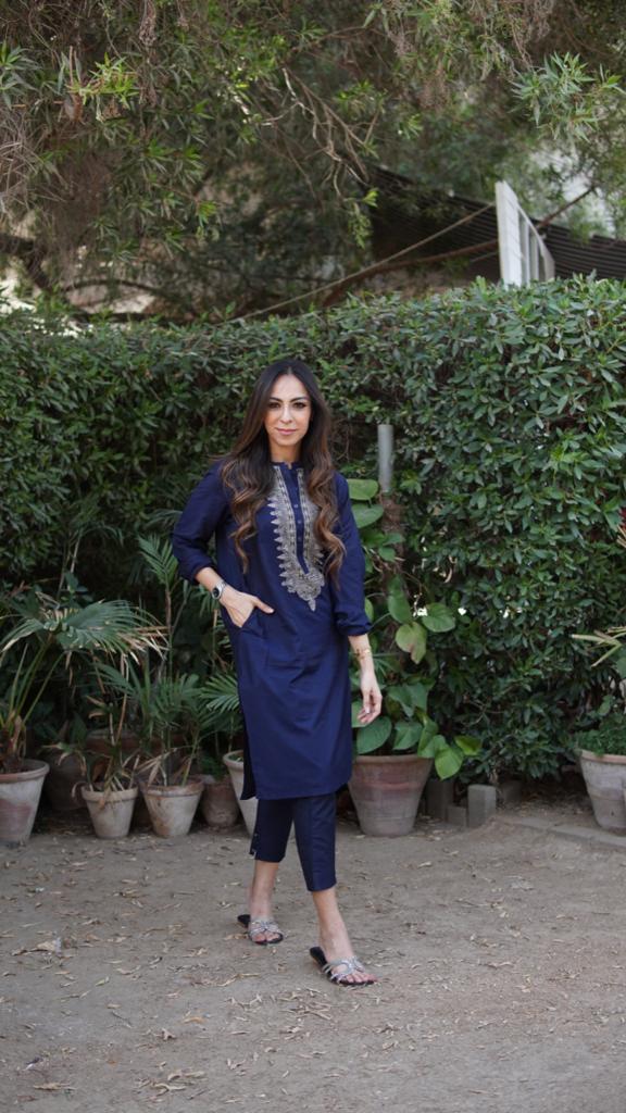 Navy Blue Cotton Silk With Beige Embriodery Kurta Trouser