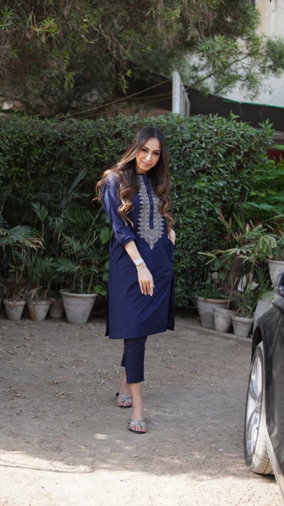 Navy Blue Cotton Silk With Beige Embriodery Kurta Trouser