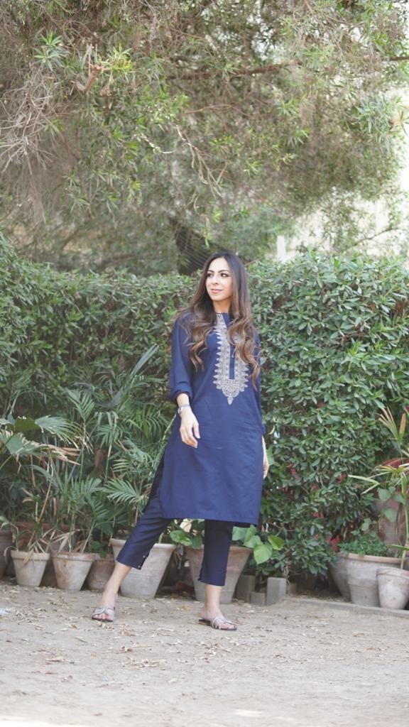 Navy Blue Cotton Silk With Beige Embriodery Kurta Trouser